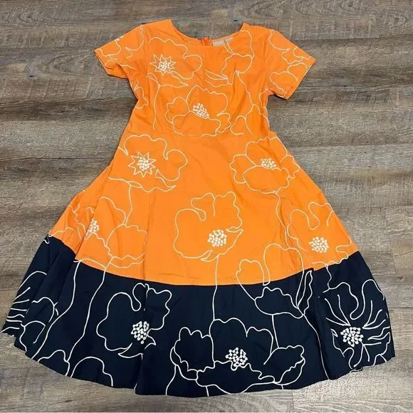 eshakti | Dresses | Eshaktidress Orange Navyblue Floral Print Custom Fit  And Flare Midi Small | Poshmark